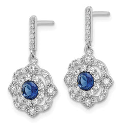 Rhodium-plated Sterling Silver Blue Glass & Clear CZ Vintage Dangle Post Earrings