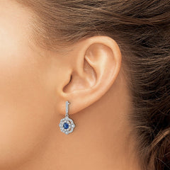 Rhodium-plated Sterling Silver Blue Glass & Clear CZ Vintage Dangle Post Earrings