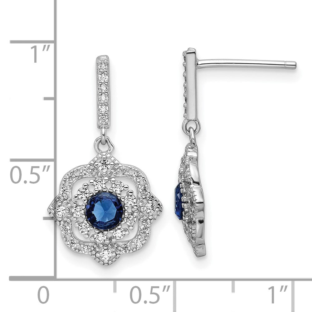 Rhodium-plated Sterling Silver Blue Glass & Clear CZ Vintage Dangle Post Earrings