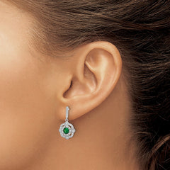 Rhodium-plated Sterling Silver Green Glass & Clear CZ Vintage Dangle Post Earrings