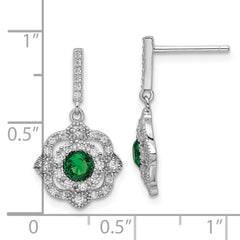 Rhodium-plated Sterling Silver Green Glass & Clear CZ Vintage Dangle Post Earrings