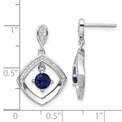 Rhodium-plated Sterling Silver Blue Glass & Clear CZ Fancy Square Post Earrings