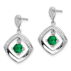 Rhodium-plated Sterling Silver Green Glass & Clear CZ Fancy Square Post Earrings