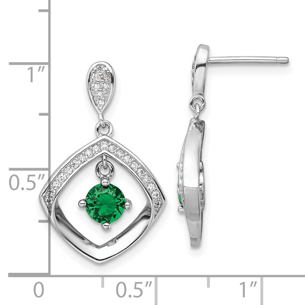 Rhodium-plated Sterling Silver Green Glass & Clear CZ Fancy Square Post Earrings