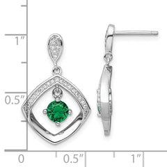 Rhodium-plated Sterling Silver Green Glass & Clear CZ Fancy Square Post Earrings