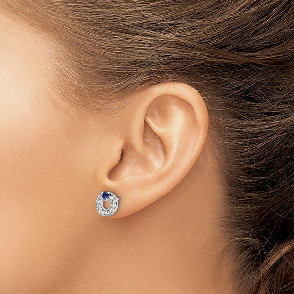 Rhodium-plated Silver CZ and Blue Sapphire Post Earrings