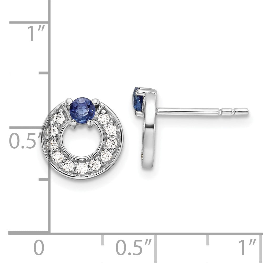 Rhodium-plated Silver CZ and Blue Sapphire Post Earrings