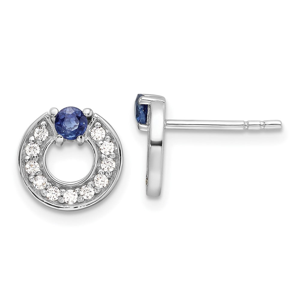 Rhodium-plated Silver CZ and Blue Sapphire Post Earrings