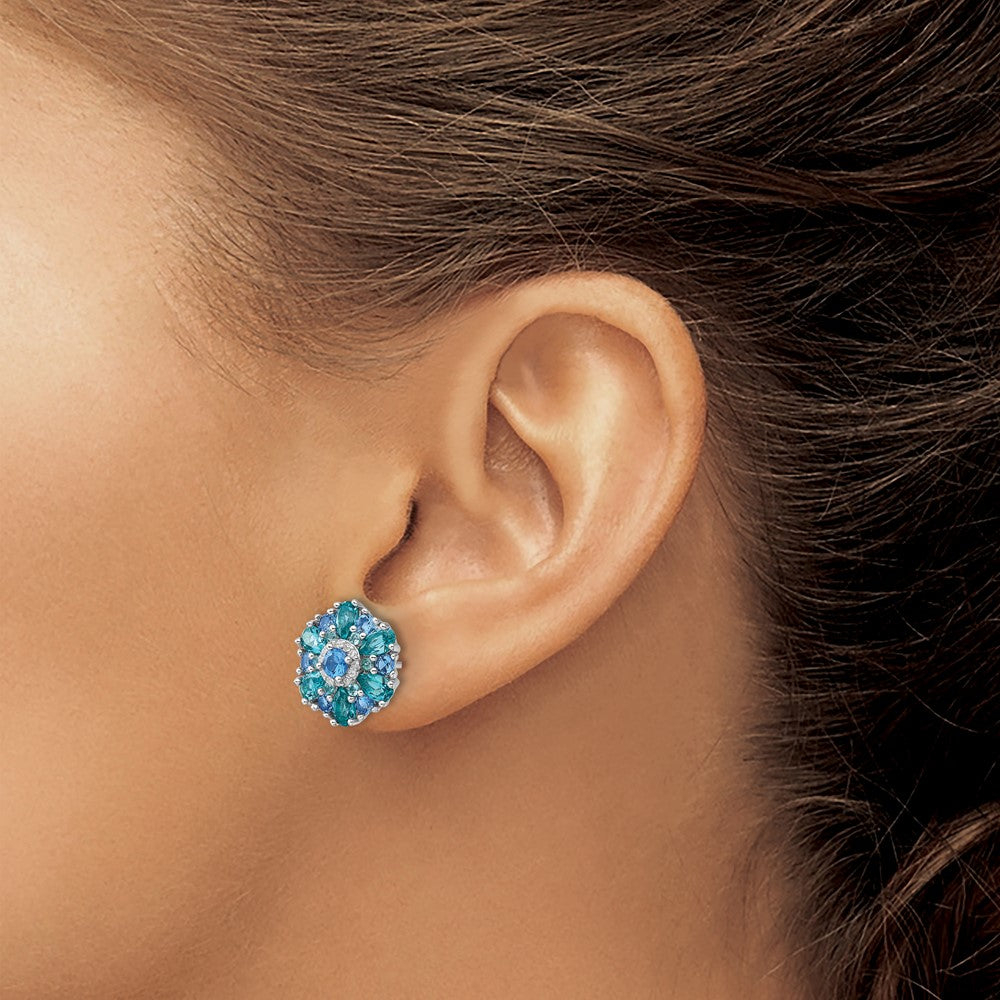 Rhodium-plated Sterling Silver Blue Green Nano Crystal & CZ Floral Post Earrings
