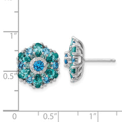 Rhodium-plated Sterling Silver Blue Green Nano Crystal & CZ Floral Post Earrings