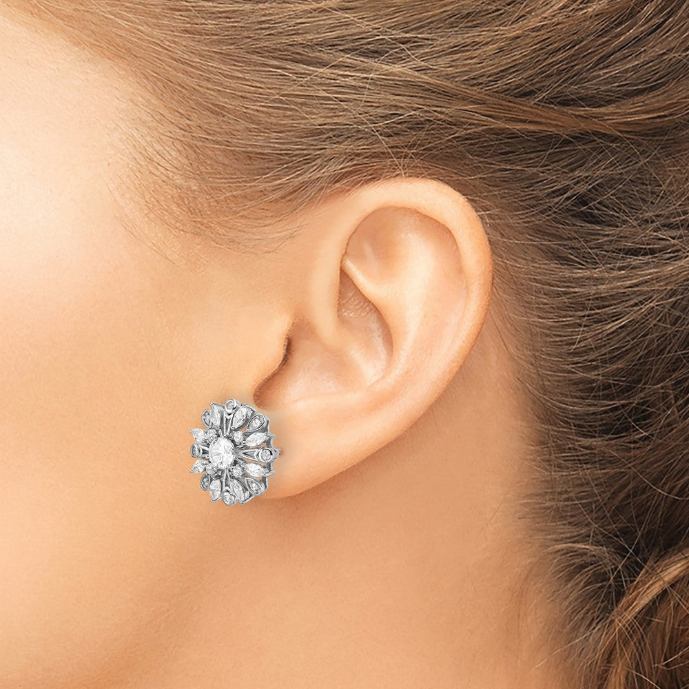 Rhodium-plated Sterling Silver CZ Floral Post Earrings