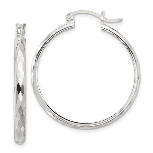 Sterling Silver Polished Textured Hoop Earrings