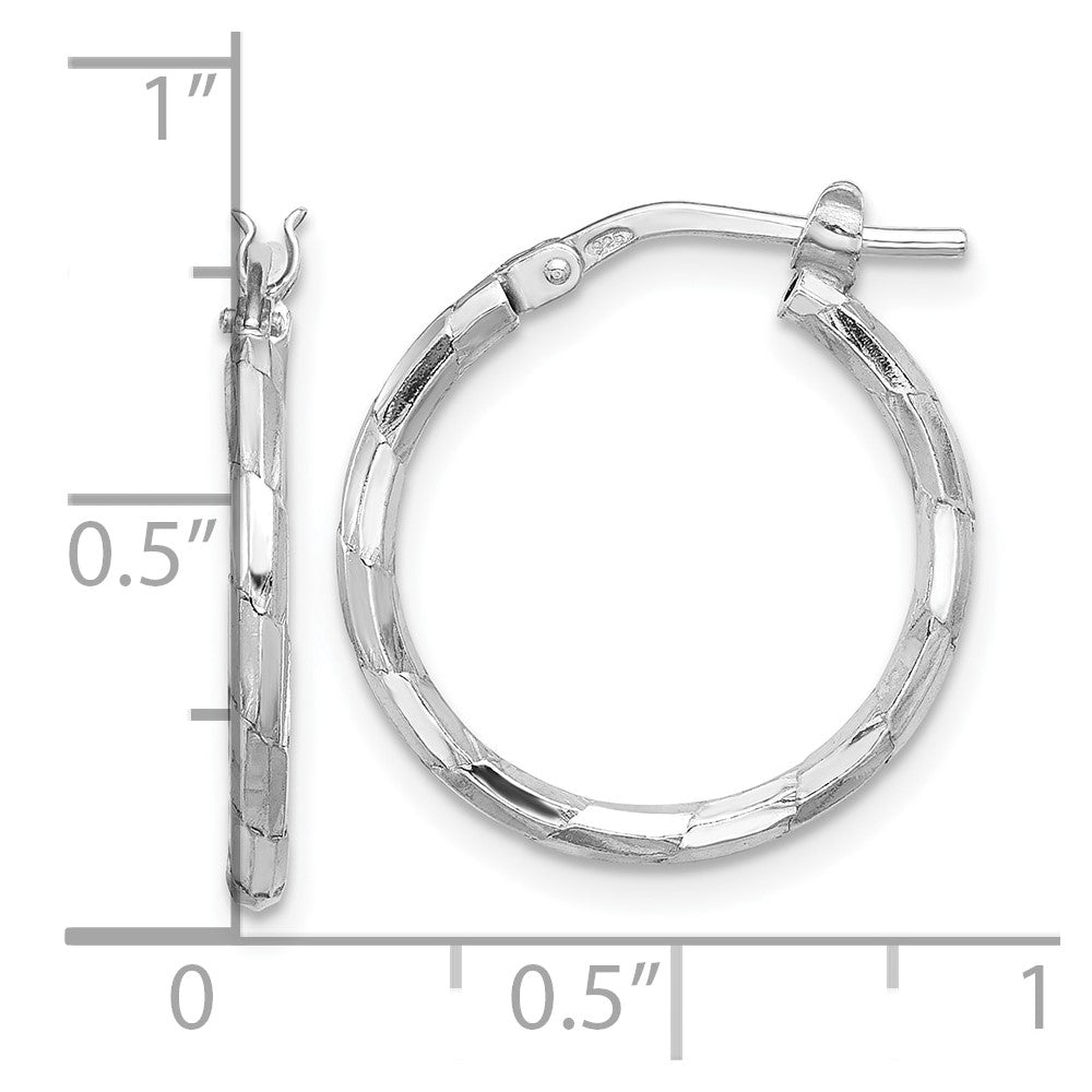Rhodium-plated Sterling Silver Polished & Diamond-cut Round Hoop Earrings