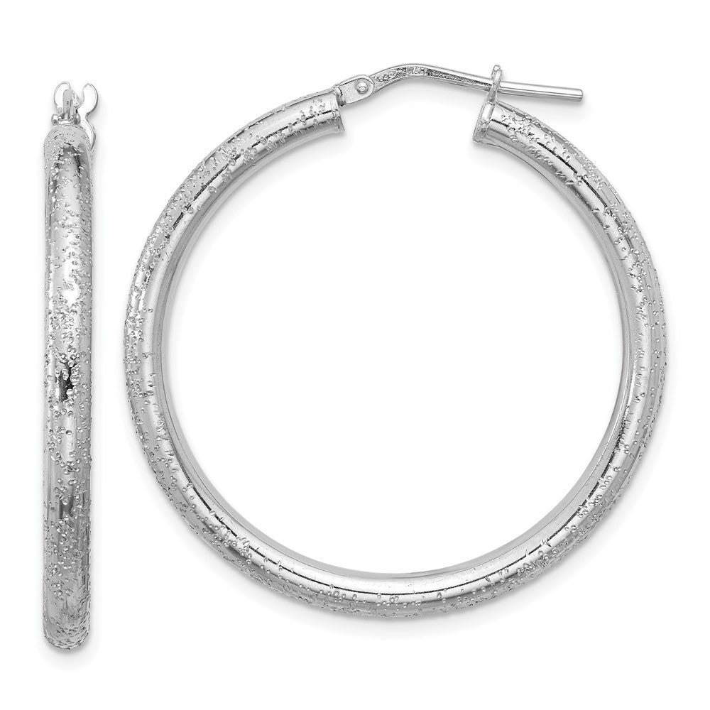 Rhodium-plated Sterling Silver Sparkle Texture 3.00mm Hoop Earrings
