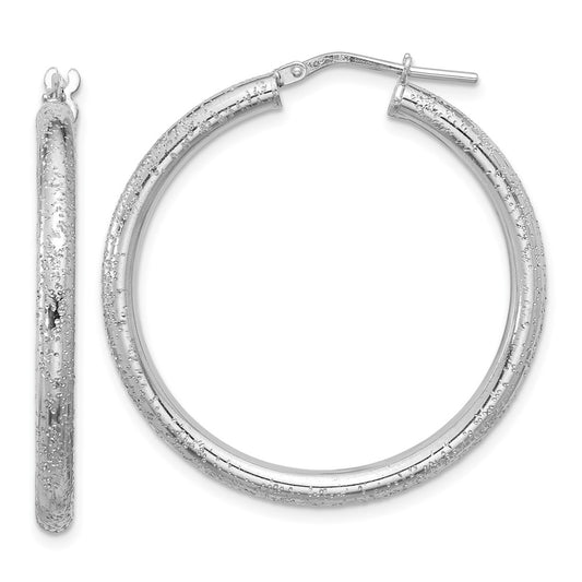 Rhodium-plated Sterling Silver Sparkle Texture 3.00mm Hoop Earrings