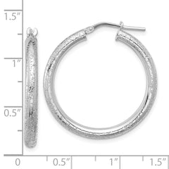 Rhodium-plated Sterling Silver Sparkle Texture 3.00mm Hoop Earrings
