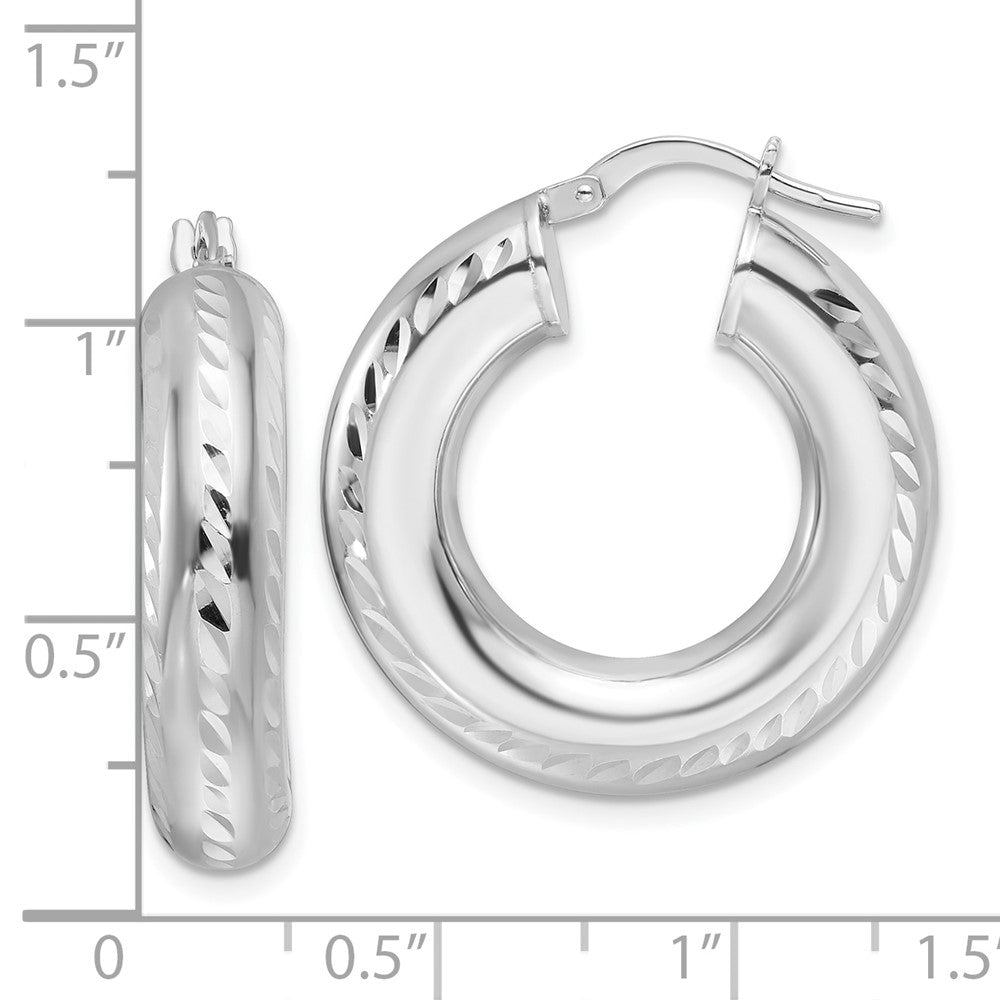 Rhodium-plated Sterling Silver Polished & Diamond-cut 6mm Hollow Hoop Earrings