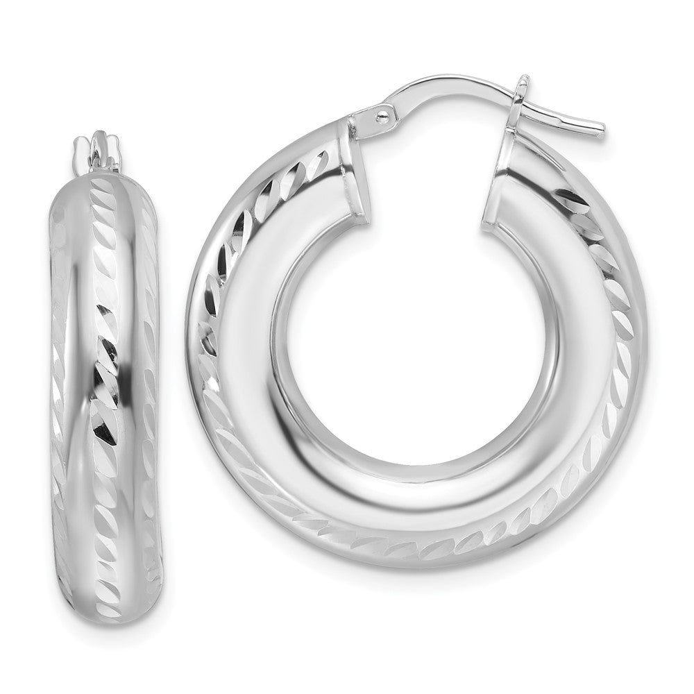 Rhodium-plated Sterling Silver Polished & Diamond-cut 6mm Hollow Hoop Earrings