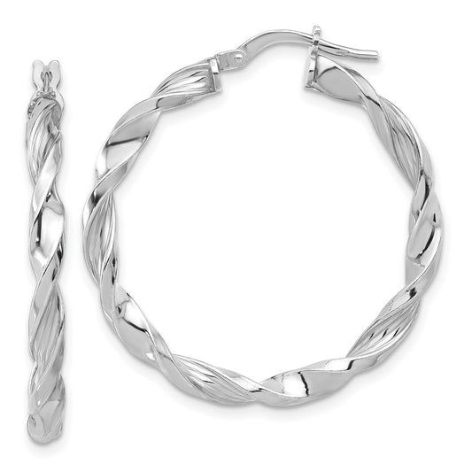 Rhodium-plated Sterling Silver Polished & Textured Twisted Hoop Earrings