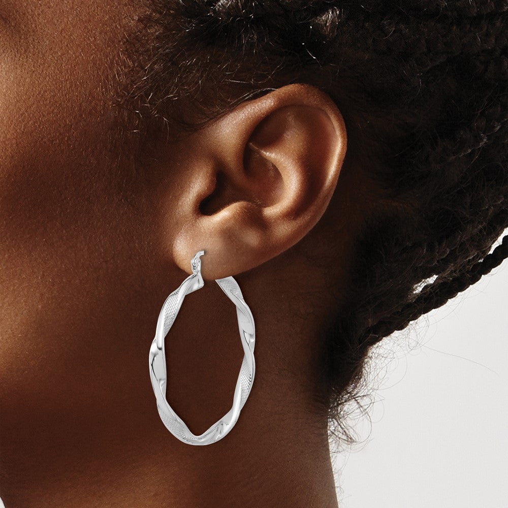 Rhodium-plated Sterling Silver Textured 3.7mm Twisted Hoop Earrings