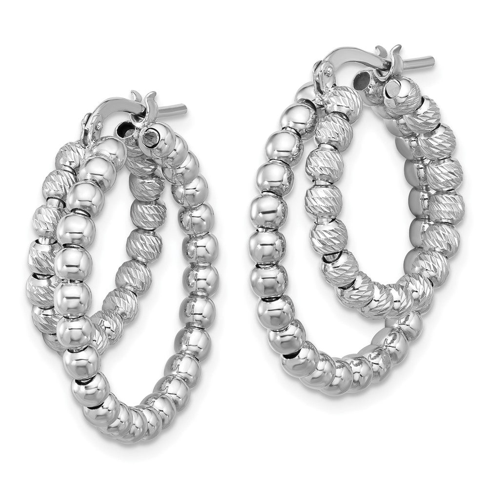 Rhodium-plated Sterling Silver Polish & Diamond-cut Beads Double Hoop Earrings