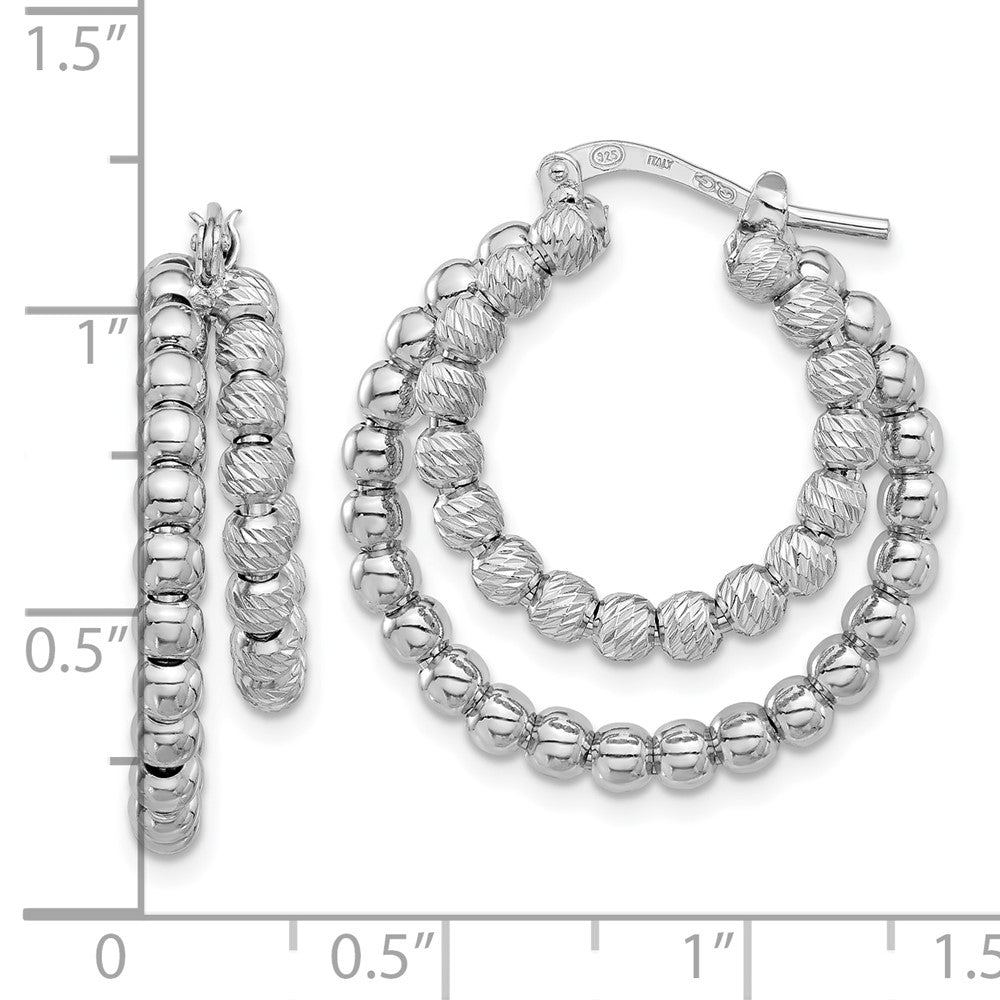 Rhodium-plated Sterling Silver Polish & Diamond-cut Beads Double Hoop Earrings