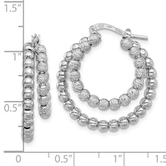 Rhodium-plated Sterling Silver Polish & Diamond-cut Beads Double Hoop Earrings