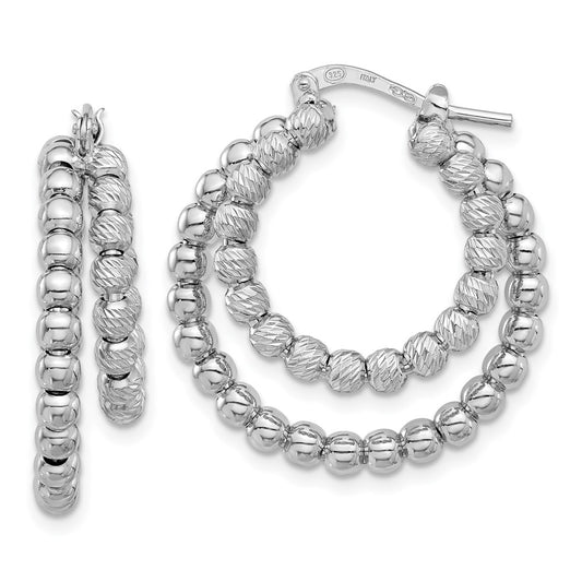 Rhodium-plated Sterling Silver Polish & Diamond-cut Beads Double Hoop Earrings