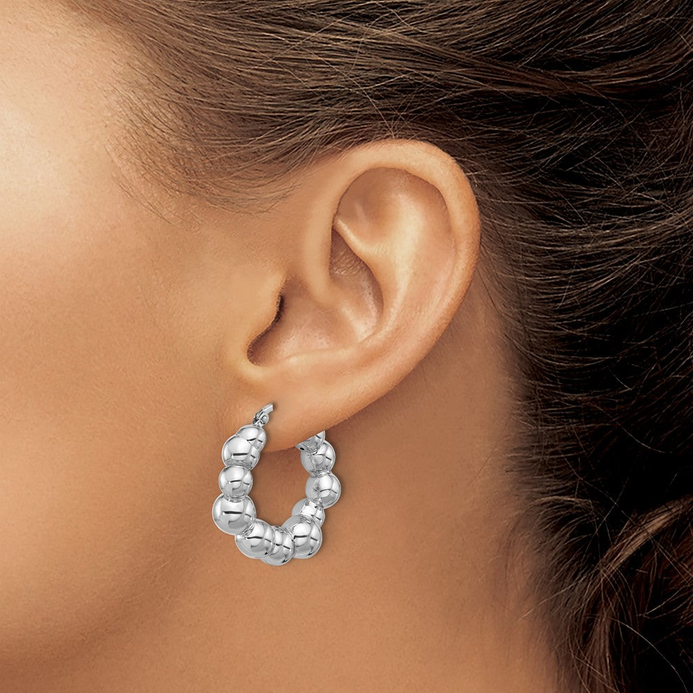 Rhodium-plated Sterling Silver Polished Bead Hoop Earrings