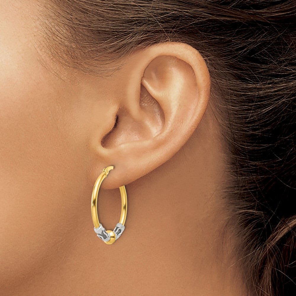 Yellow Gold-plated Sterling Silver and Antiqued Beaded Hoop Earrings