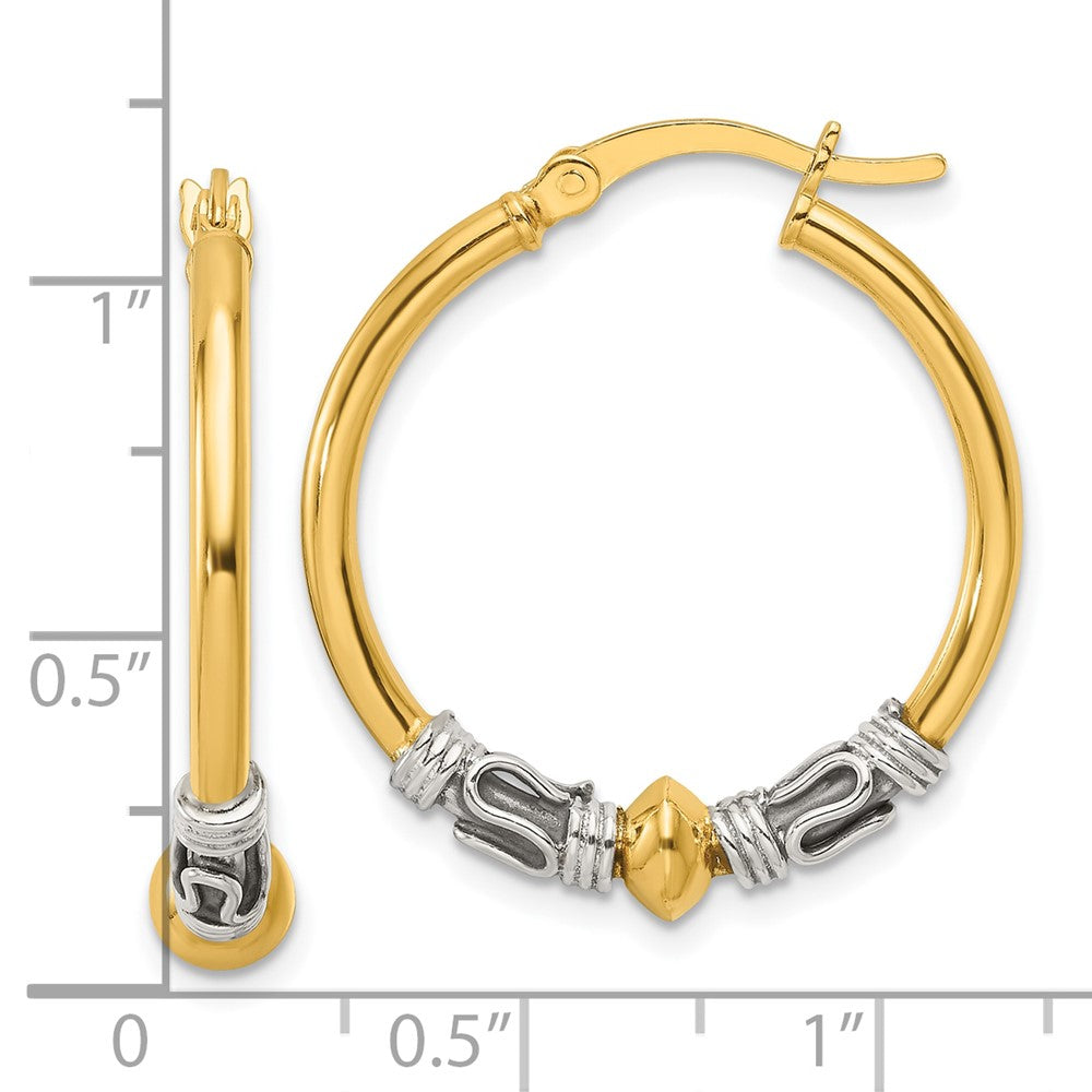 Yellow Gold-plated Sterling Silver and Antiqued Beaded Hoop Earrings