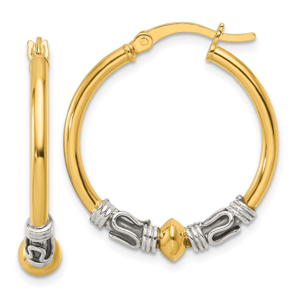 Yellow Gold-plated Sterling Silver and Antiqued Beaded Hoop Earrings