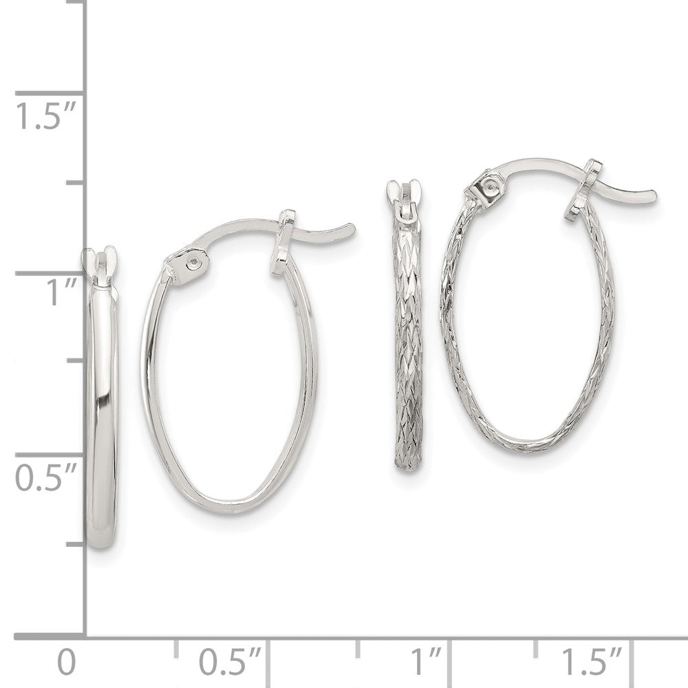 Sterling Silver Polished and Textured Diamond-cut Set of 2 Pairs of Oval Hoop Earrings