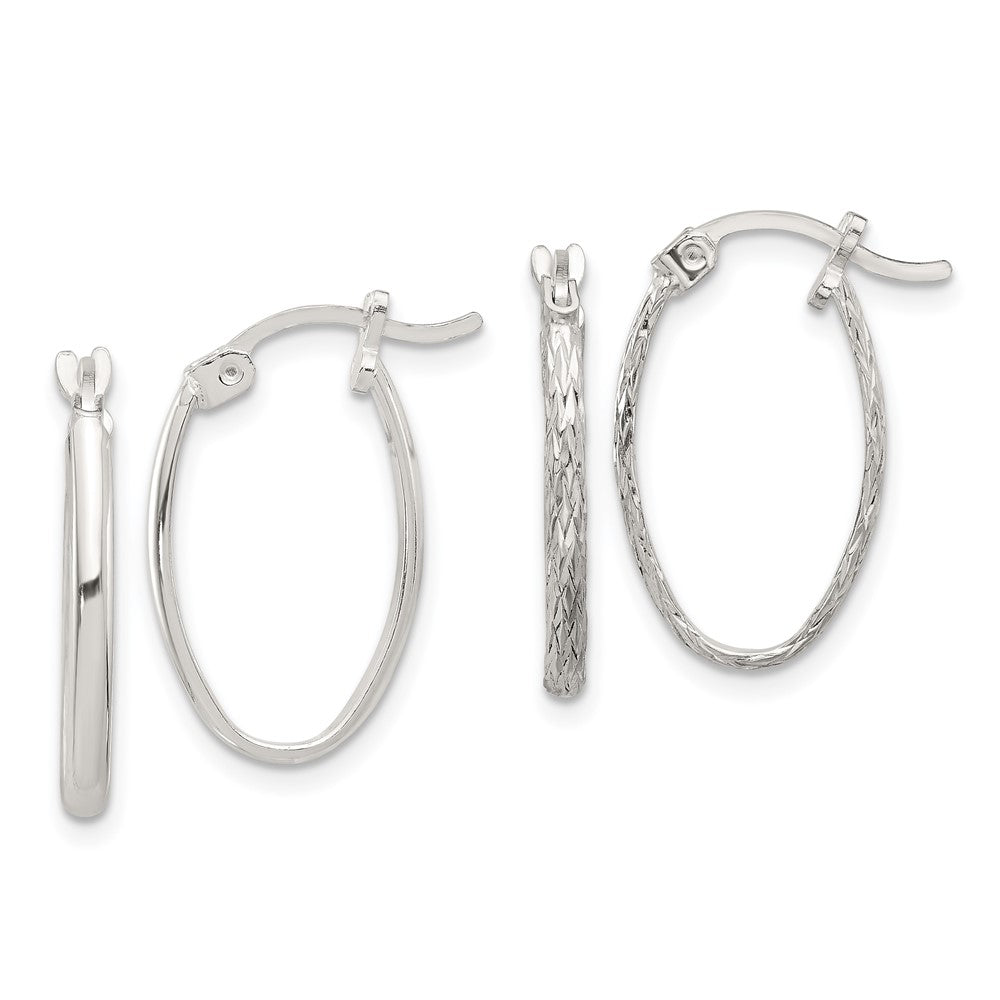 Sterling Silver Polished and Textured Diamond-cut Set of 2 Pairs of Oval Hoop Earrings