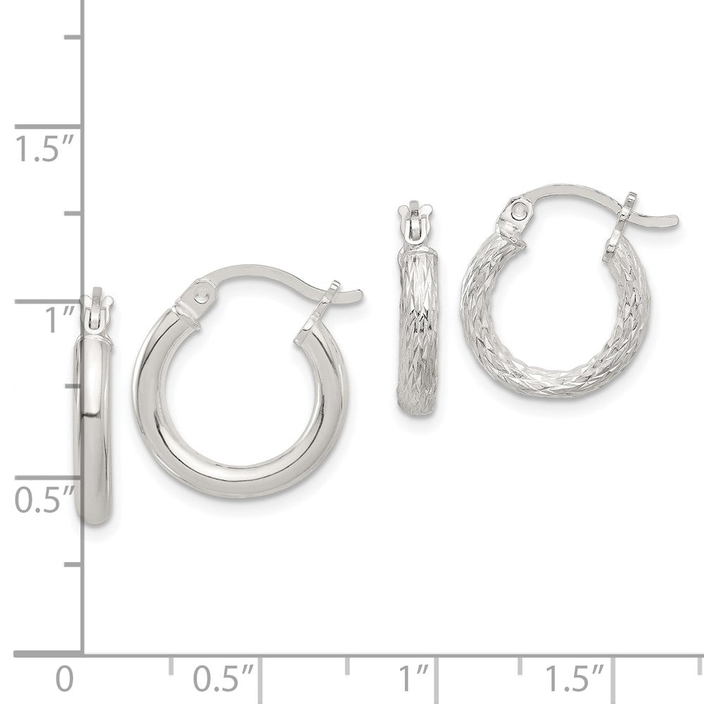 Sterling Silver Polished and Textured Diamond-cut Set of 2 Pairs of Hoop Earrings