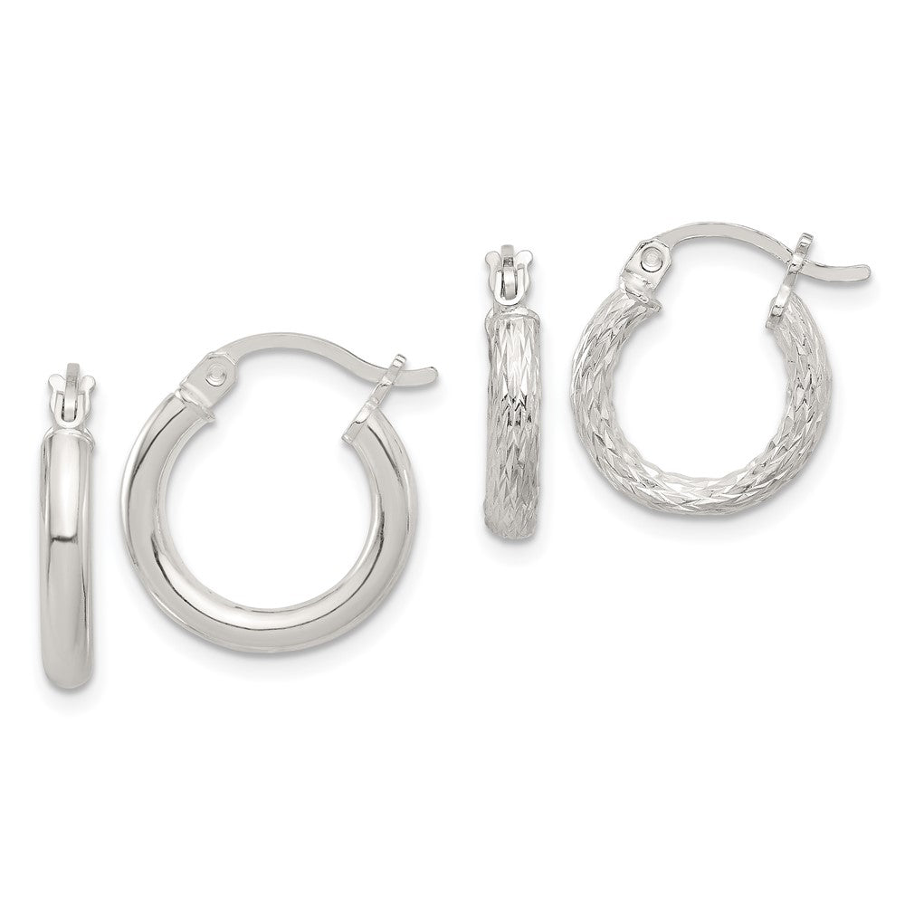 Sterling Silver Polished and Textured Diamond-cut Set of 2 Pairs of Hoop Earrings