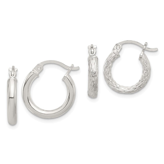 Sterling Silver Polished and Textured Diamond-cut Set of 2 Pairs of Hoop Earrings