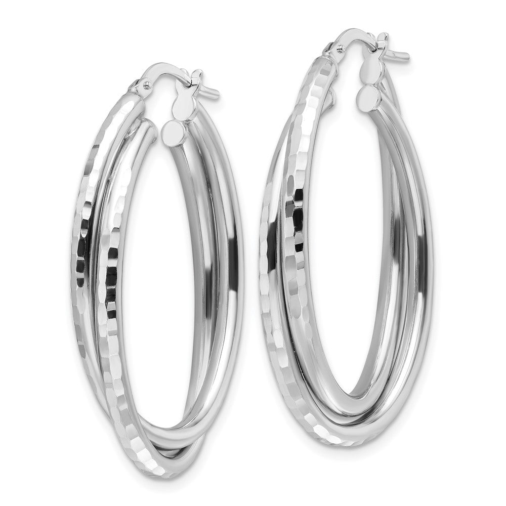 Rhodium-plated Sterling Silver Polished Diamond-cut Oval Twisted Hoop Earrings