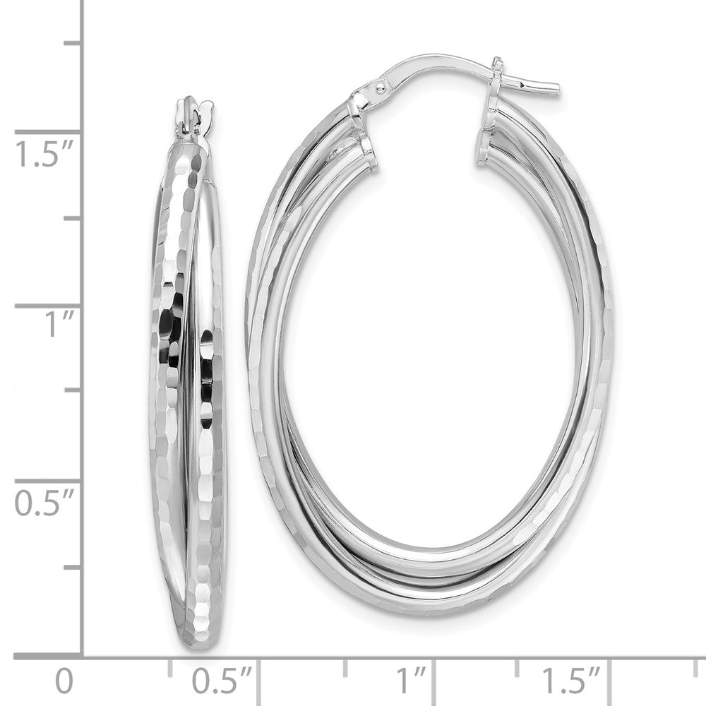 Rhodium-plated Sterling Silver Polished Diamond-cut Oval Twisted Hoop Earrings