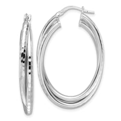 Rhodium-plated Sterling Silver Polished Diamond-cut Oval Twisted Hoop Earrings