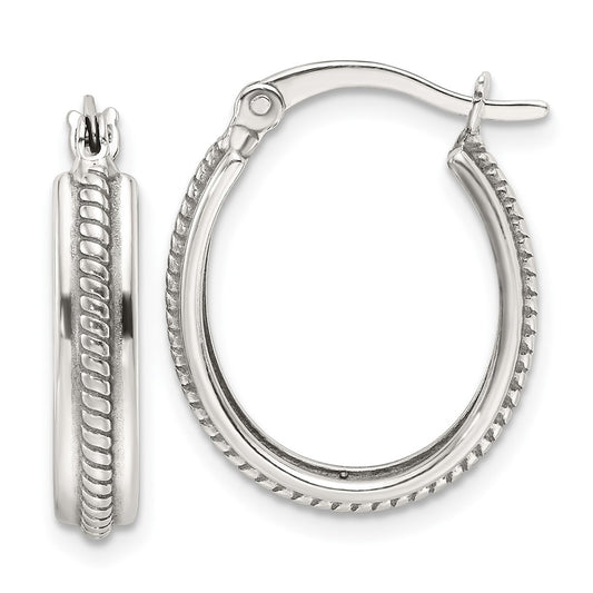 Sterling Silver Polished and Antiqued Oval Hoop Earrings