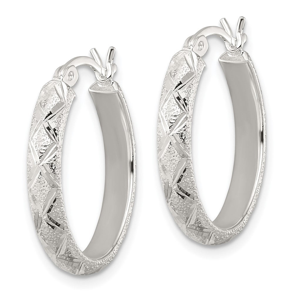 Sterling Silver Textured Diamond-cut Oval Hoop Earrings