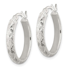 Sterling Silver Textured Diamond-cut Oval Hoop Earrings