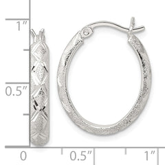 Sterling Silver Textured Diamond-cut Oval Hoop Earrings