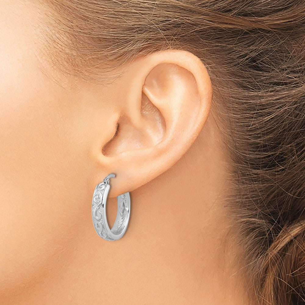 Rhodium-plated Sterling Silver Polished and Textured Hoop Earrings