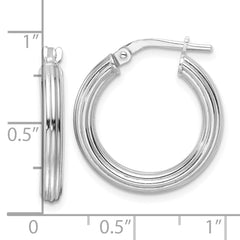Rhodium-plated Sterling Silver Polished Ridged 3mm Round Hoop Earrings