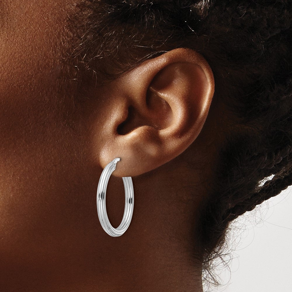 Rhodium-plated Sterling Silver Polished Ridged 3mm Round Hoop Earrings