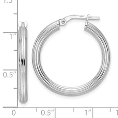 Rhodium-plated Sterling Silver Polished Ridged 3mm Round Hoop Earrings