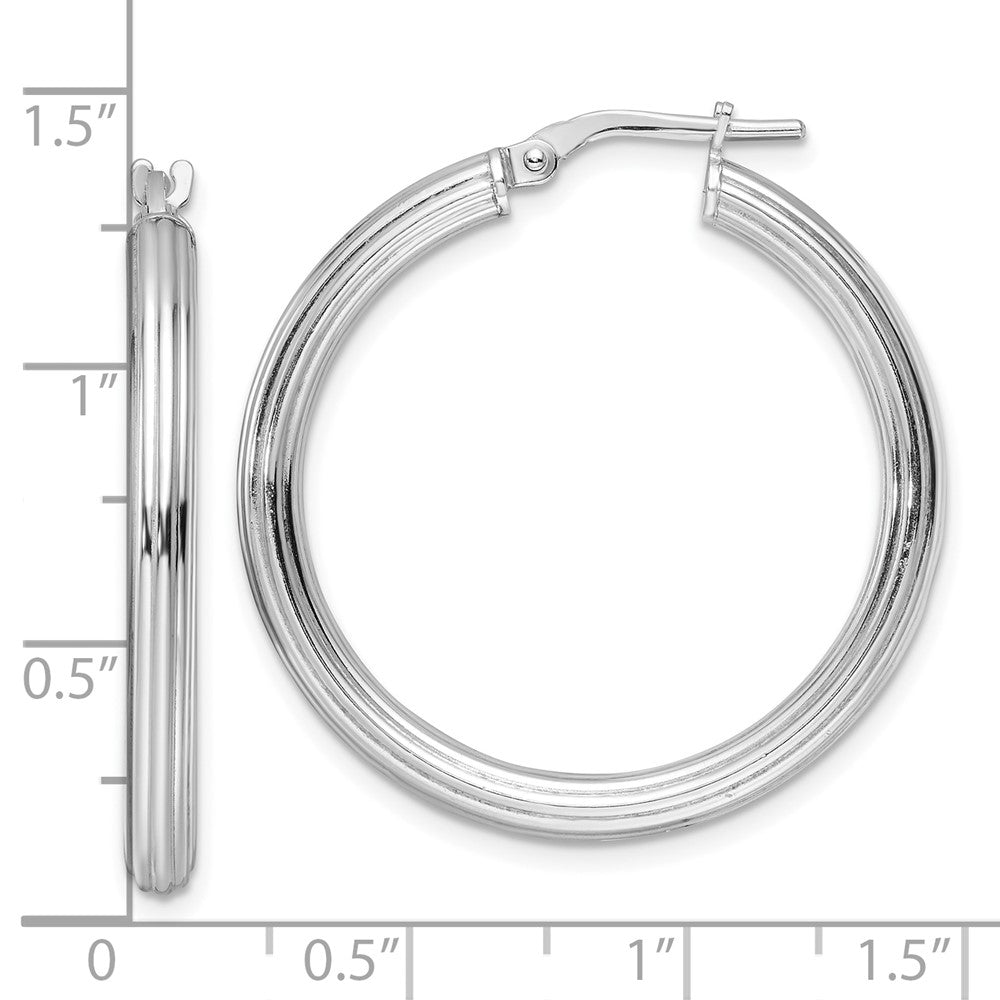 Rhodium-plated Sterling Silver Polished Ridged 3mm Round Hoop Earrings