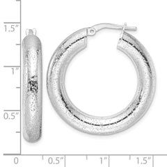 Rhodium-plated Sterling Silver Laser Cut 5mm Round Hoop Earrings